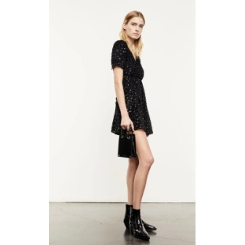 The Kooples Black Burnout Velvet Silver Polka‎ Dot Mini Dress V-Neck FR36
